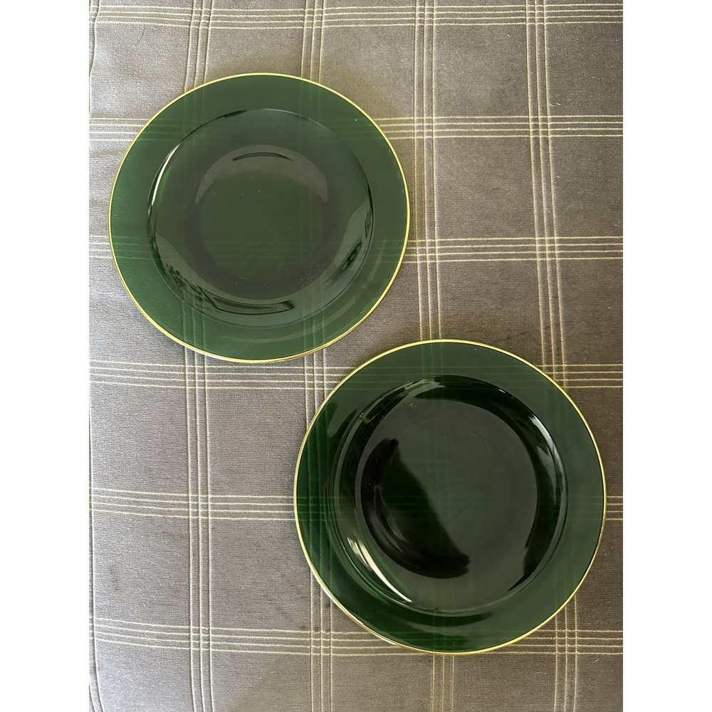 Vintage Hunter Green Glass Gold Rim 8" Plates Dinnerware Set MCM Funky Eclectic